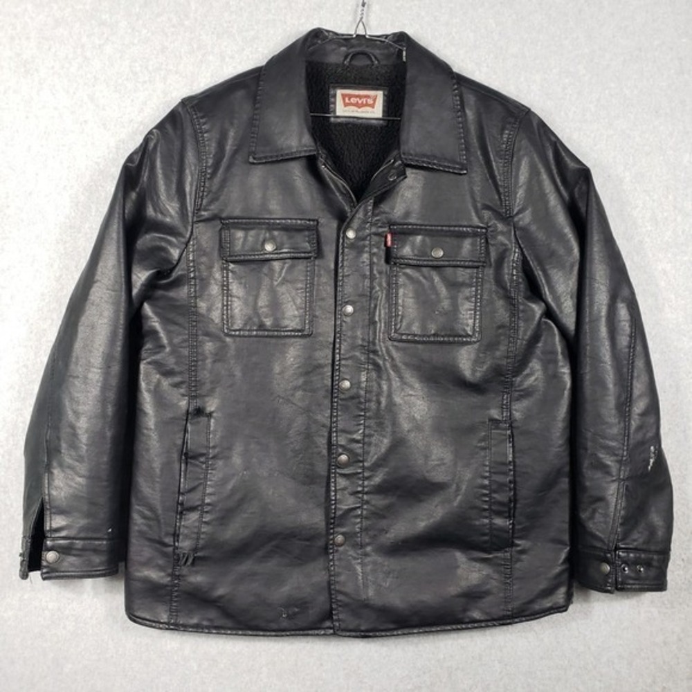 Levi Strauss Co Black Faux Leather Sherpa Lined Trucker Jacket Biker‎ Bomber UGC